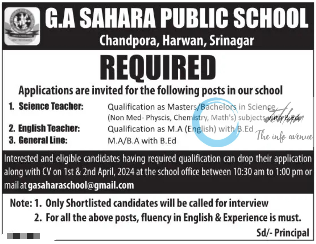 G A SAHARA PUBLIC SCHOOL SRINAGAR JOBS 2024