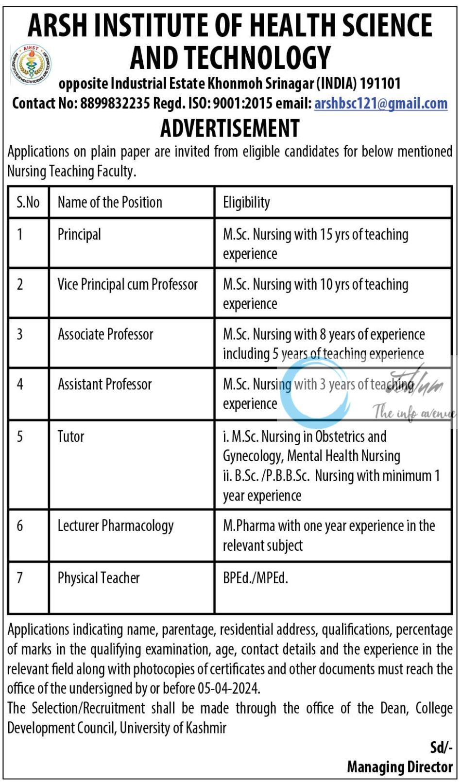 ARSH INSTITUTE OF HEALTH SCIENCE AND TECHNOLOGY SRINAGAR JOBS 2024