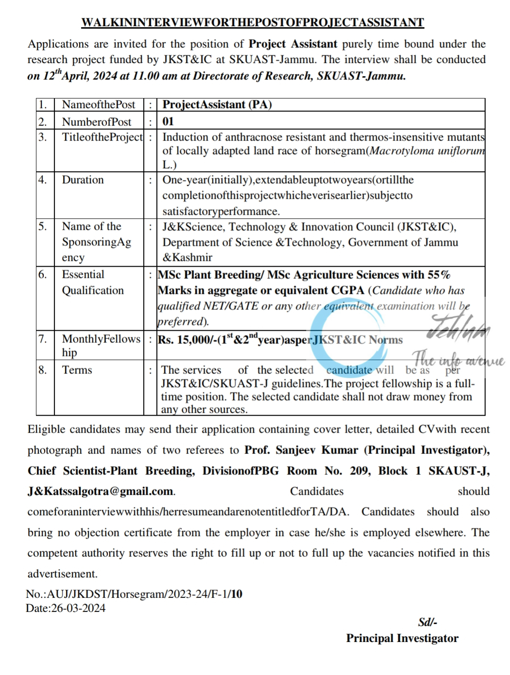 SKUAST-Jammu Project Assistant Advertisement Notice 2024