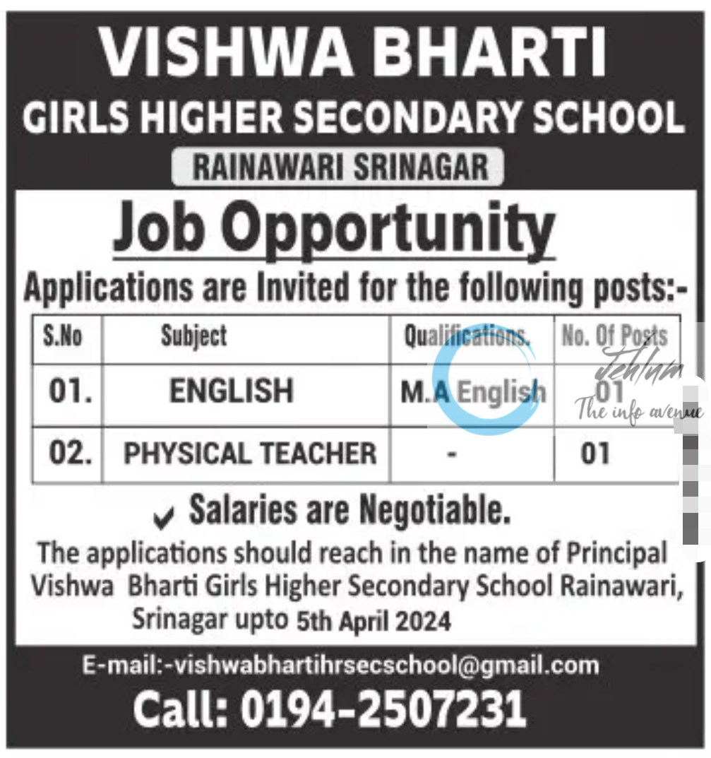 VISHWA BHARTI GIRLS HR SEC SCHOOL SRINAGAR JOBS 2024