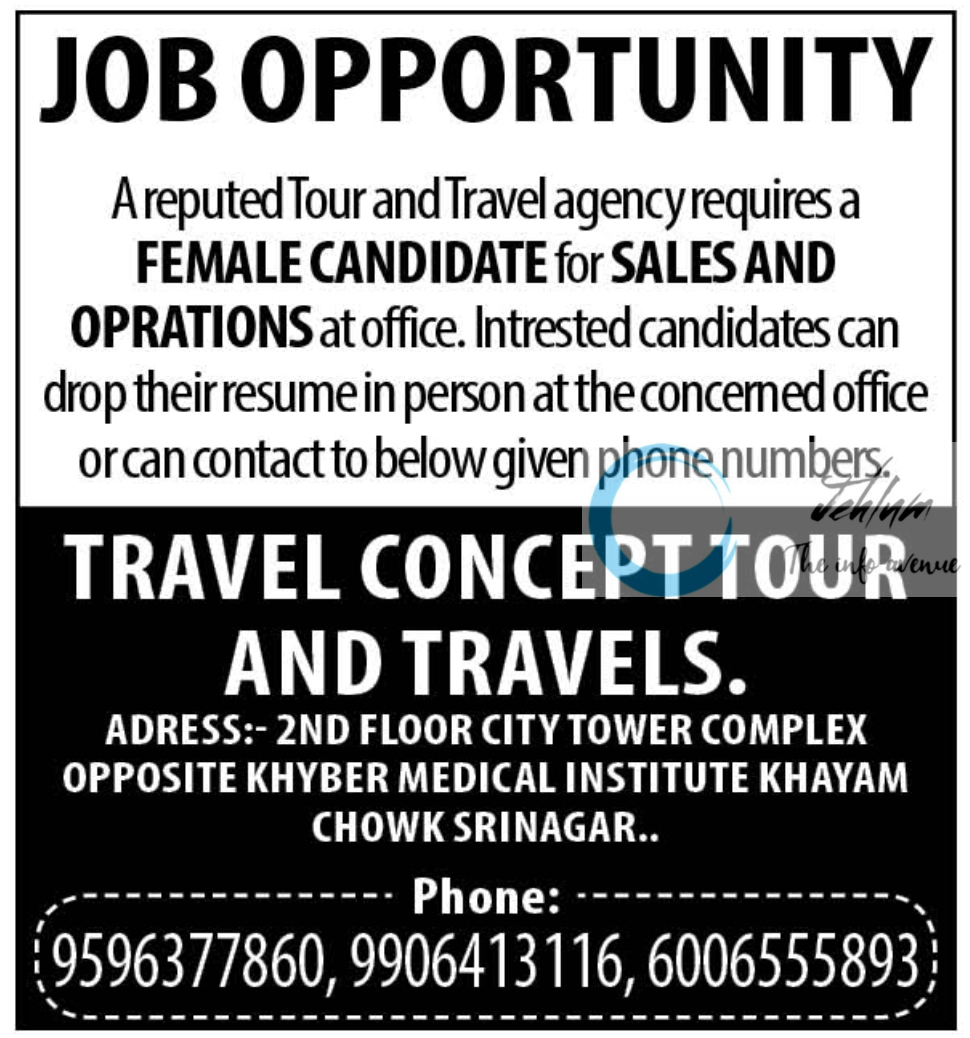 TRAVEL CONCEPT TOUR AND TRAVELS SRINAGAR JOBS OPENINGS 2024