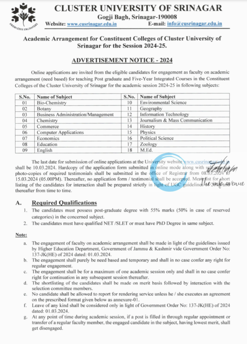 CLUSTER UNIVERSITY OF SRINAGAR ACADEMIC ARRANGEMENT ADVERTISEMENT NOTICE 2024