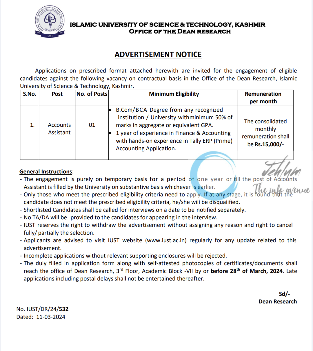 IUST KASHMIR OFFICE OF THE DEAN RESEARCH ACCOUNTS ASSISTANT ADVERTISEMENT 2024