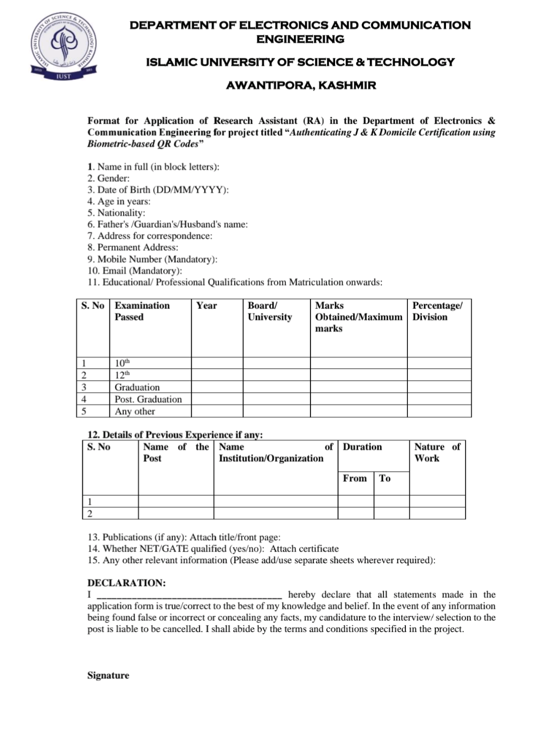 IUST AWANTIPORA DEPTT OF ELECTRONICS AND COMMUNICATION ENGINEERING ADVERTISEMENT NOTICE 2024