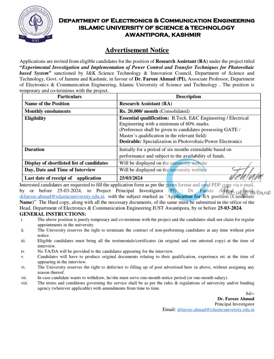 IUST KASHMIR DEPTT OF ELECTRONICS AND COMMUNICATION ENGINEERING RESEARCH ASSISTANT ADVERTISEMENT NOTICE 2024