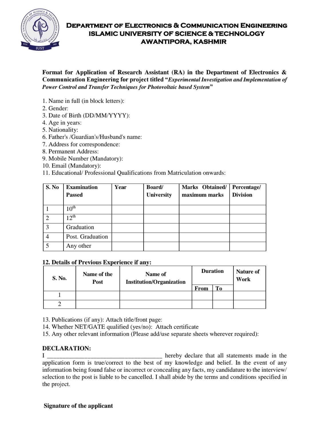 IUST KASHMIR DEPTT OF ELECTRONICS AND COMMUNICATION ENGINEERING RESEARCH ASSISTANT ADVERTISEMENT NOTICE 2024