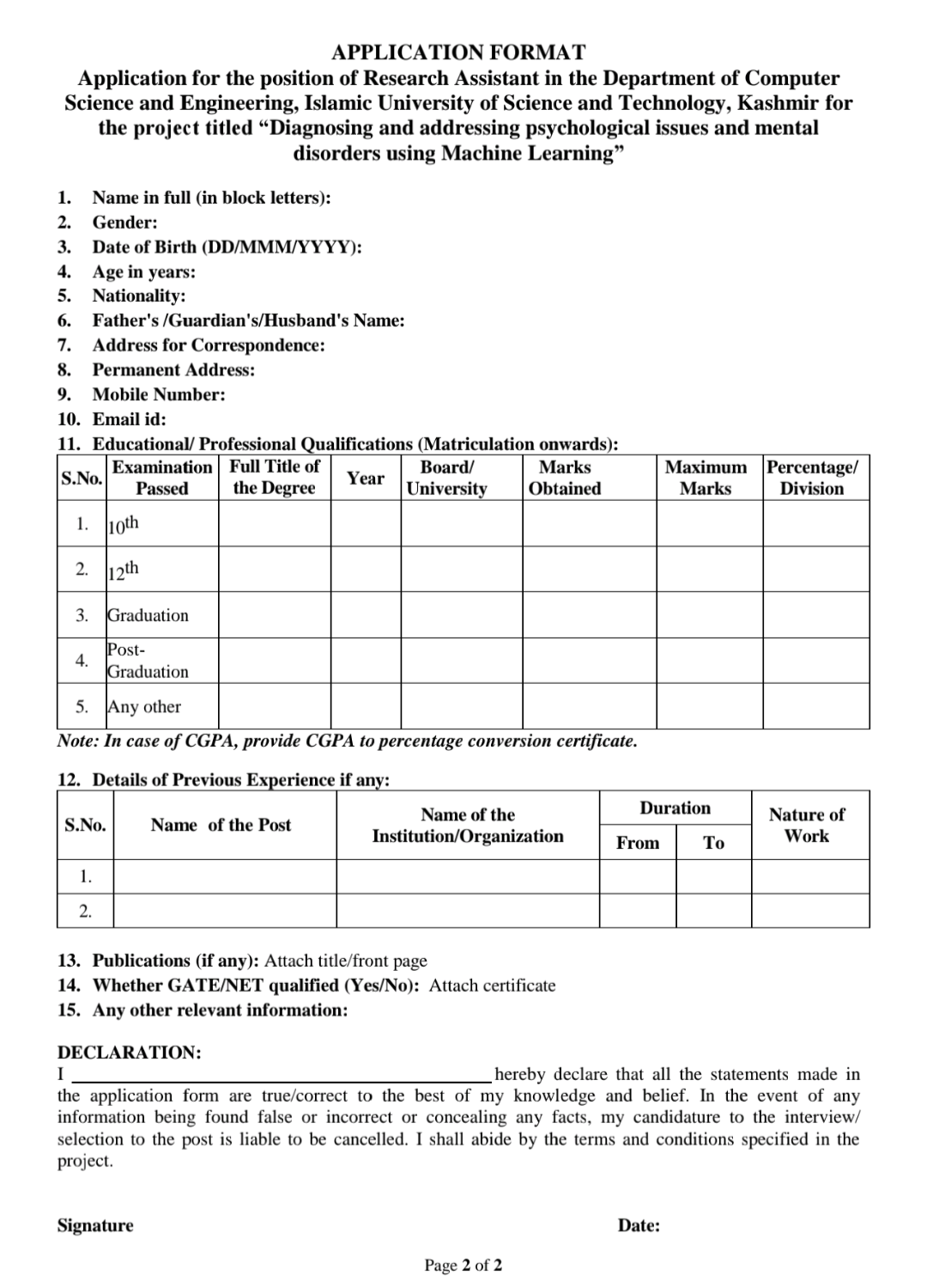 IUST KASHMIR DEPTT OF COMPUTER SCIENCE AND ENGINEERING RESEARCH ASSISTANT NOTIFICATION 2024