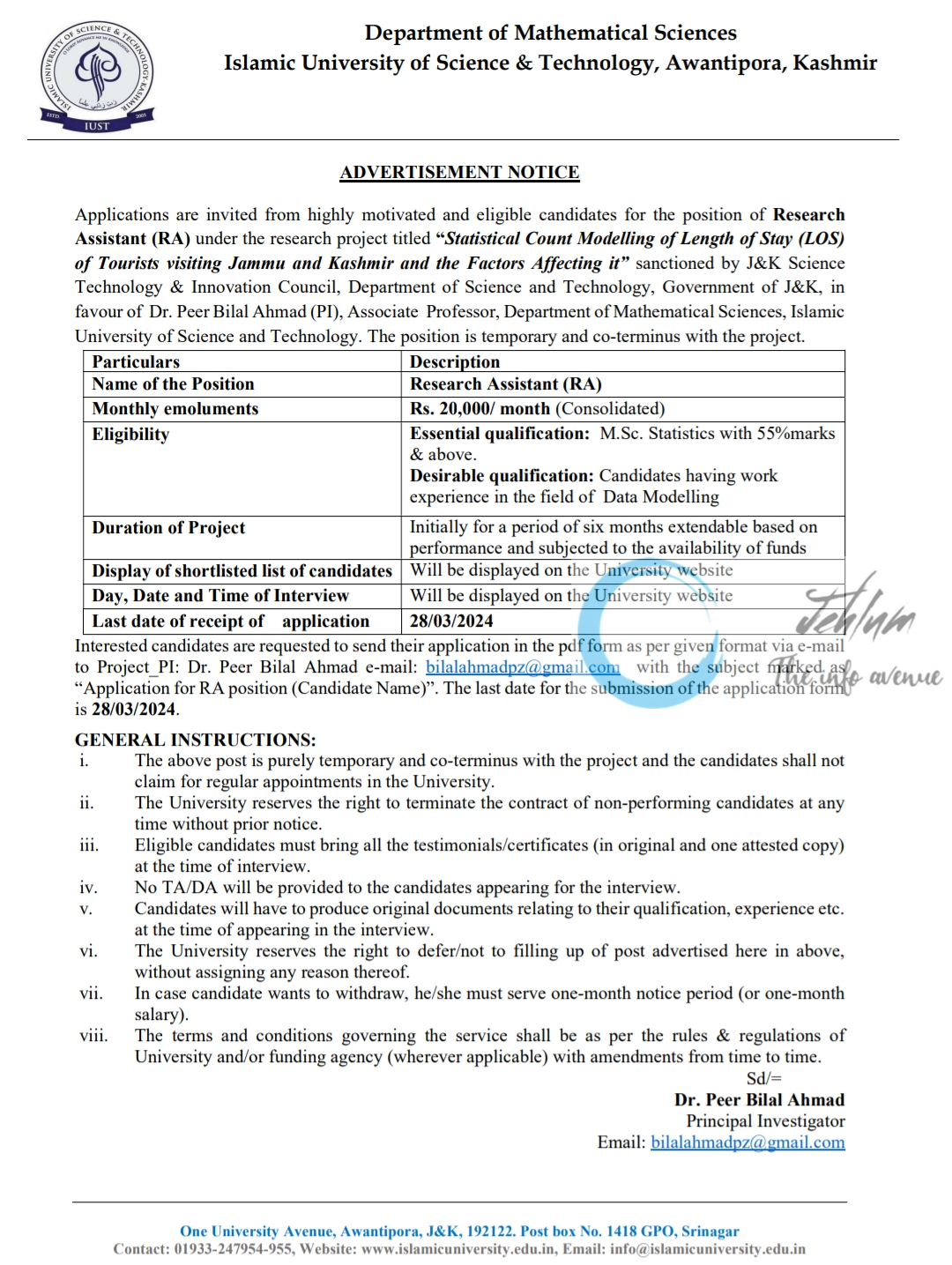 IUST Kashmir Deptt of Mathematical Sciences Advertisement Notice 2024