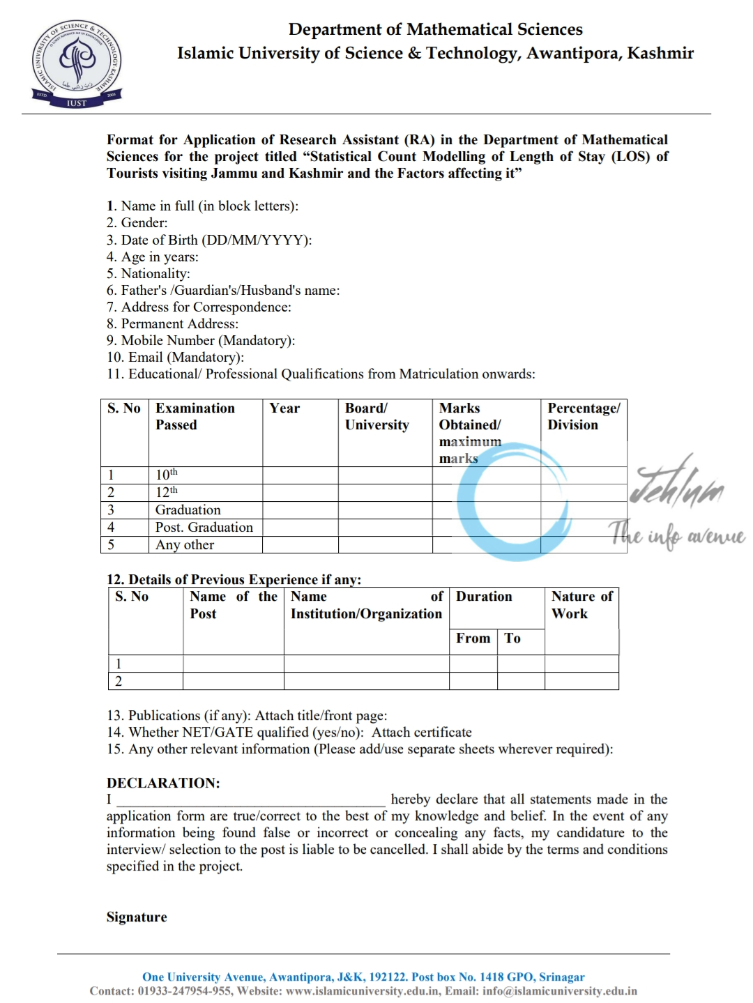 IUST Kashmir Deptt of Mathematical Sciences Advertisement Notice 2024