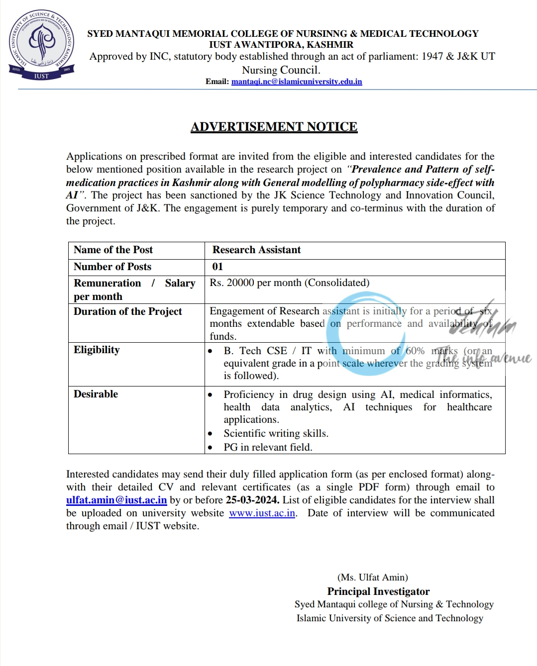 IUST AWANTIPORA SYED MANTAQUI MEMORIAL COLLEGE OF NURSING AND MEDICAL TECHNOLOGY ADVERTISEMENT NOTICE 2024
