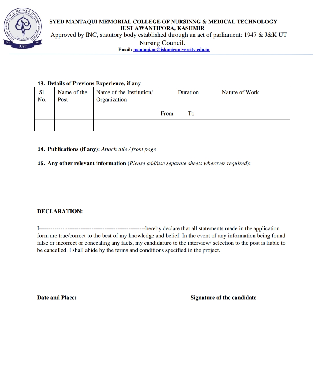 IUST AWANTIPORA SYED MANTAQUI MEMORIAL COLLEGE OF NURSING AND MEDICAL TECHNOLOGY ADVERTISEMENT NOTICE 2024