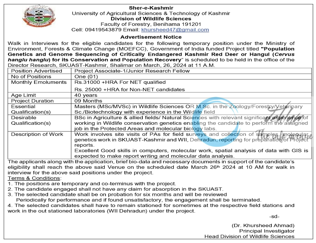 SKUAST Kashmir Division of Wildlife Sciences Faculty of Forestry Advertisement Notice 2024