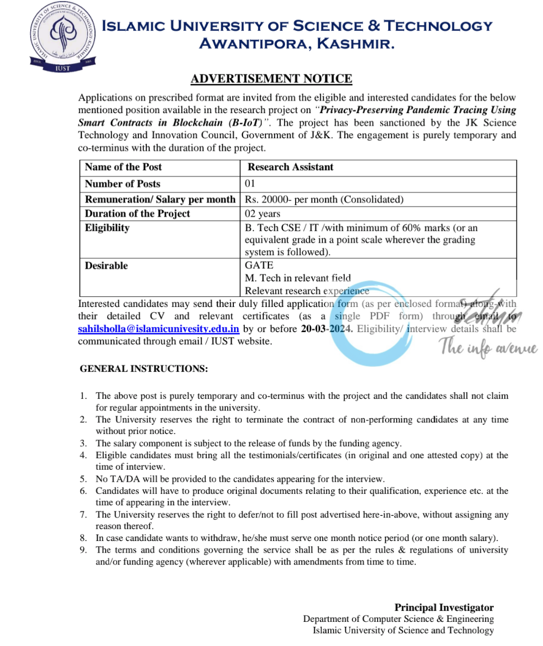 IUST KASHMIR DEPTT OF COMPUTER SCIENCE AND ENGINEERING RESEARCH ASSISTANT ADVERTISEMENT NOTICE 2024