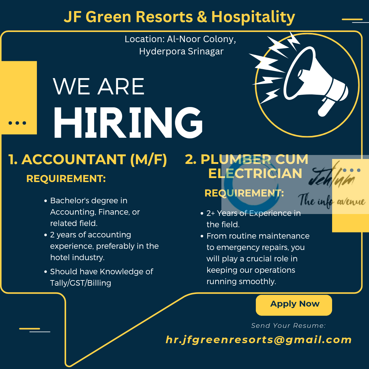 JF Green Resorts Srinagar Jobs Vacancy 2024