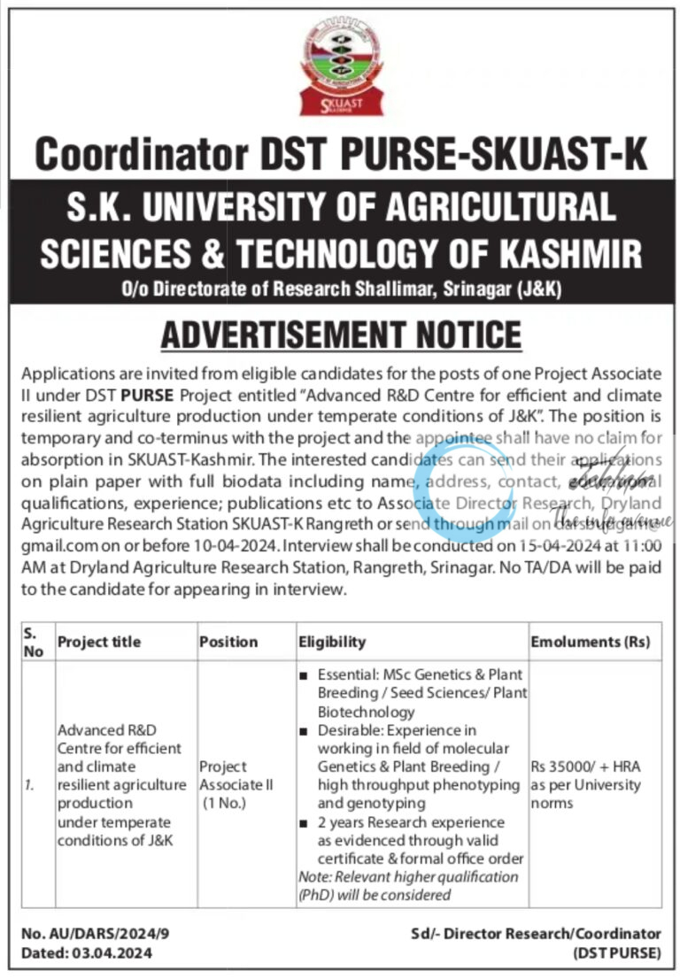 SKUAST KASHMIR DST PURSE ADVERTISEMENT NOTICE 2024 Jehlum The Info