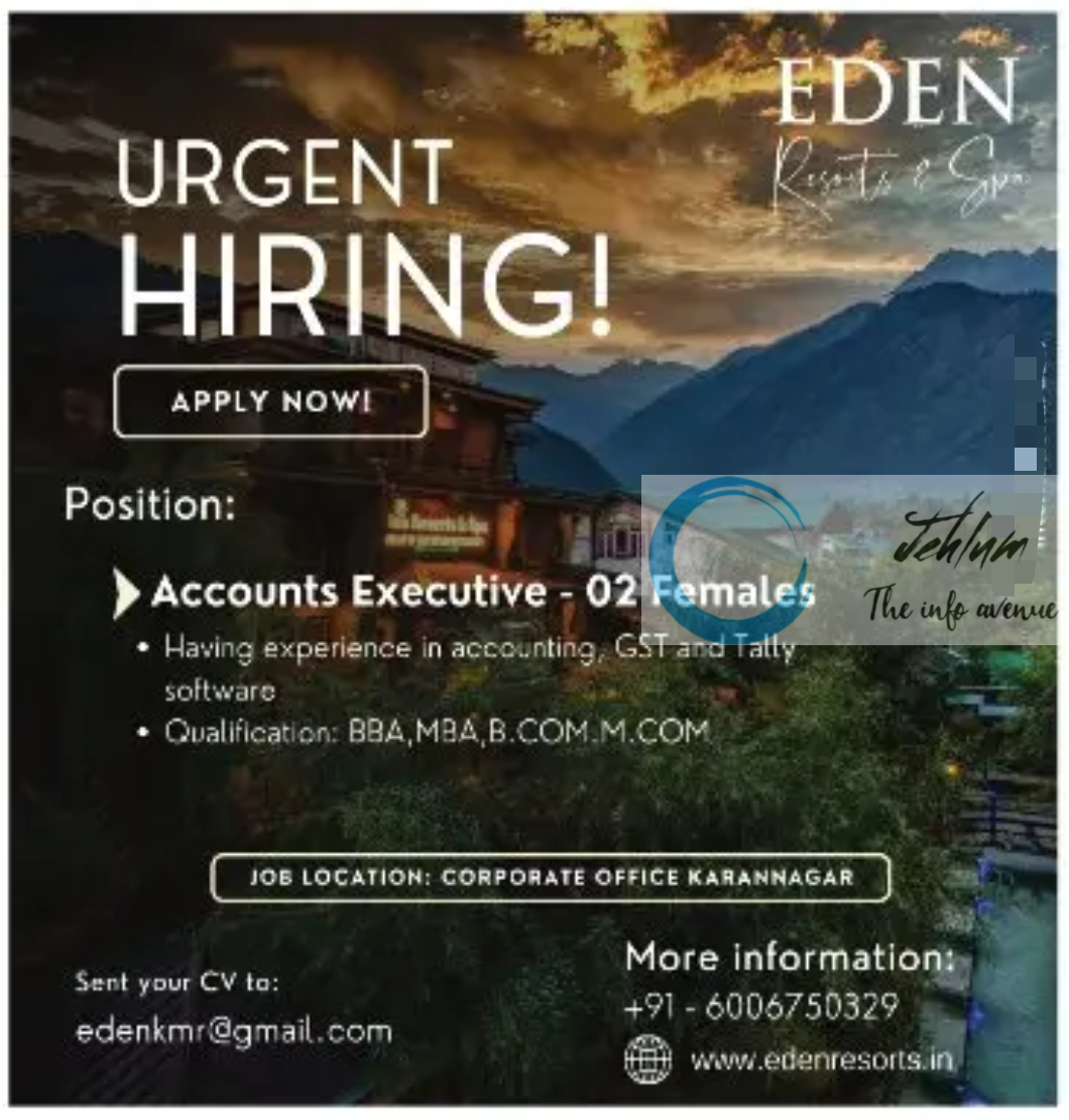 EDEN Resorts & Spa Srinagar Jobs Vacancy 2024