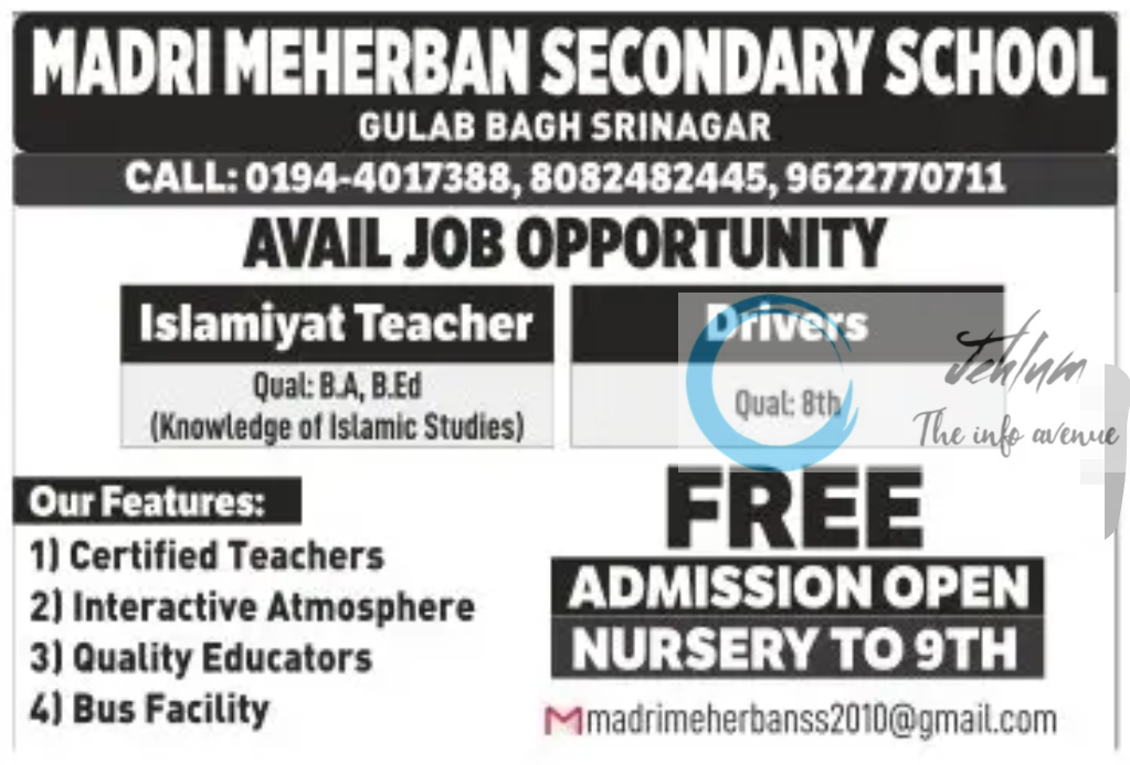 MADRI MEHERBAN SECONDARY SCHOOL SRINAGAR JOBS 2024