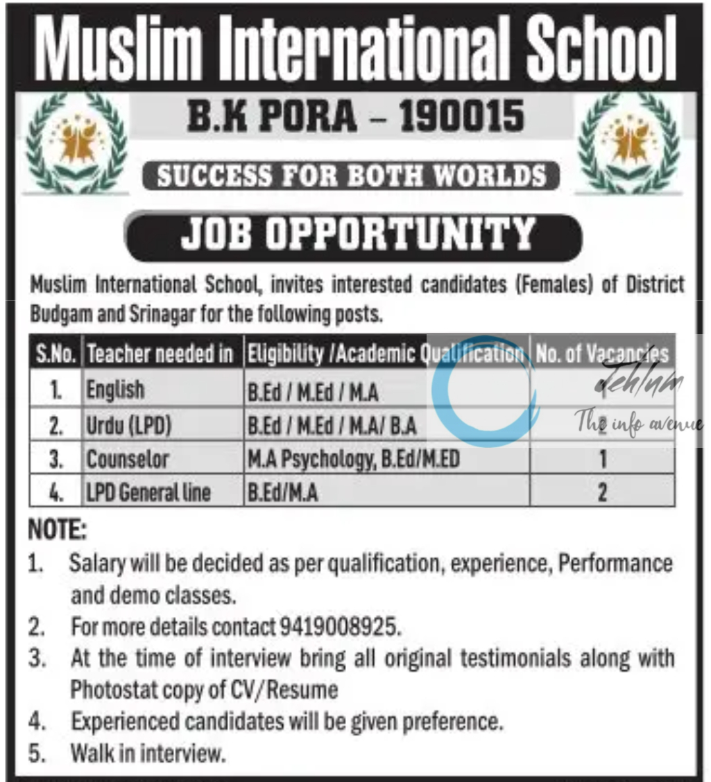 Muslim International School Srinagar Jobs 2024