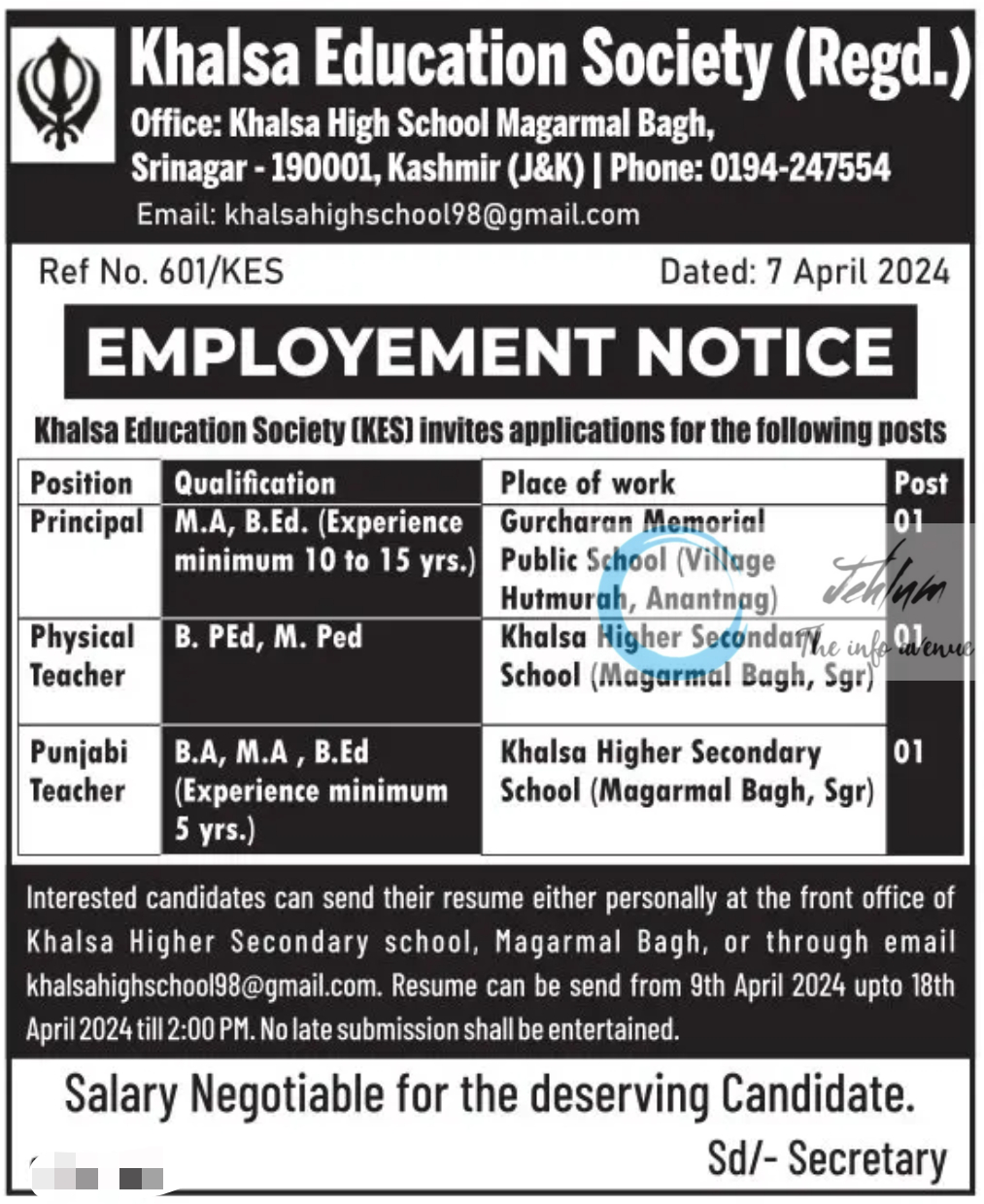 Khalsa Education Society Kashmir Jobs Openings 2024