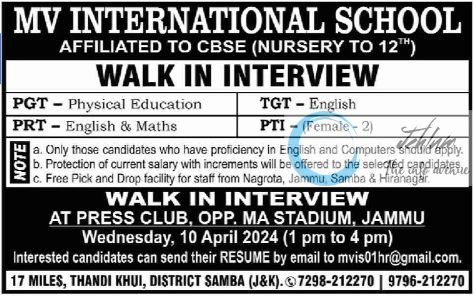 MV INTERNATIONAL SCHOOL SAMBA WALK IN INTERVIEW 2024
