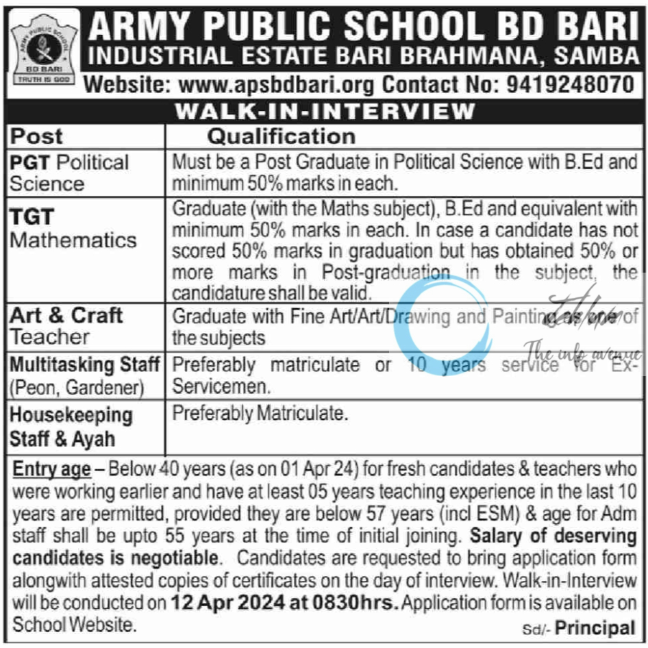 ARMY PUBLIC SCHOOL BD BARI SAMBA JOBS 2024