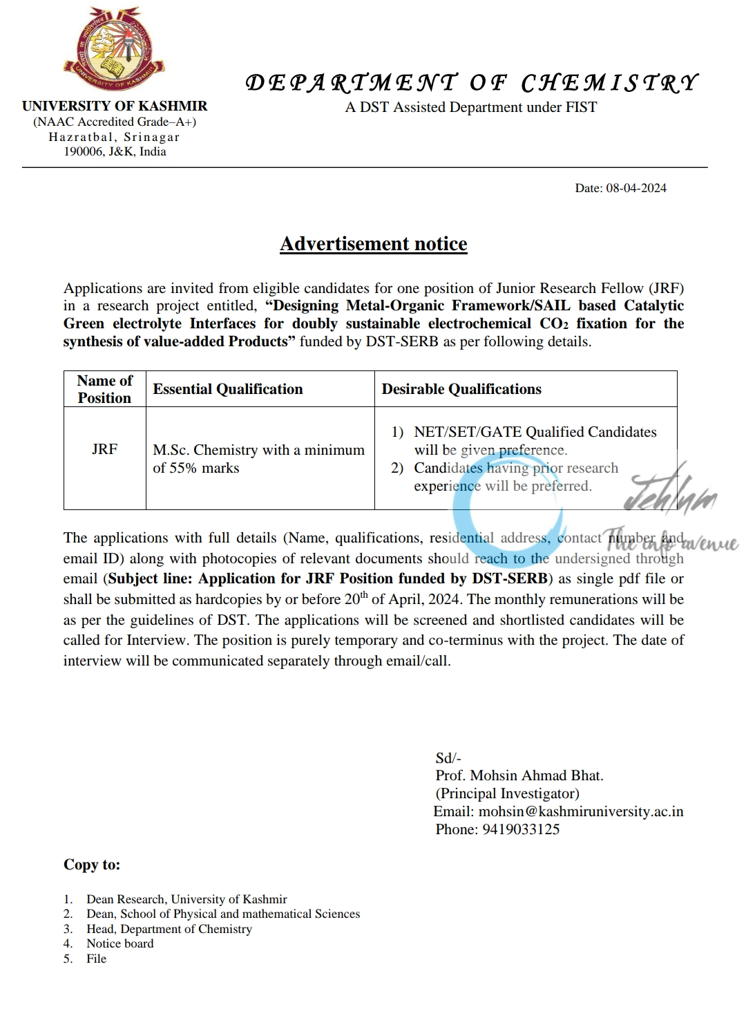UNIVERSITY OF KASHMIR DEPARTMENT OF CHEMISTRY JRF ADVERTISEMENT 2024
