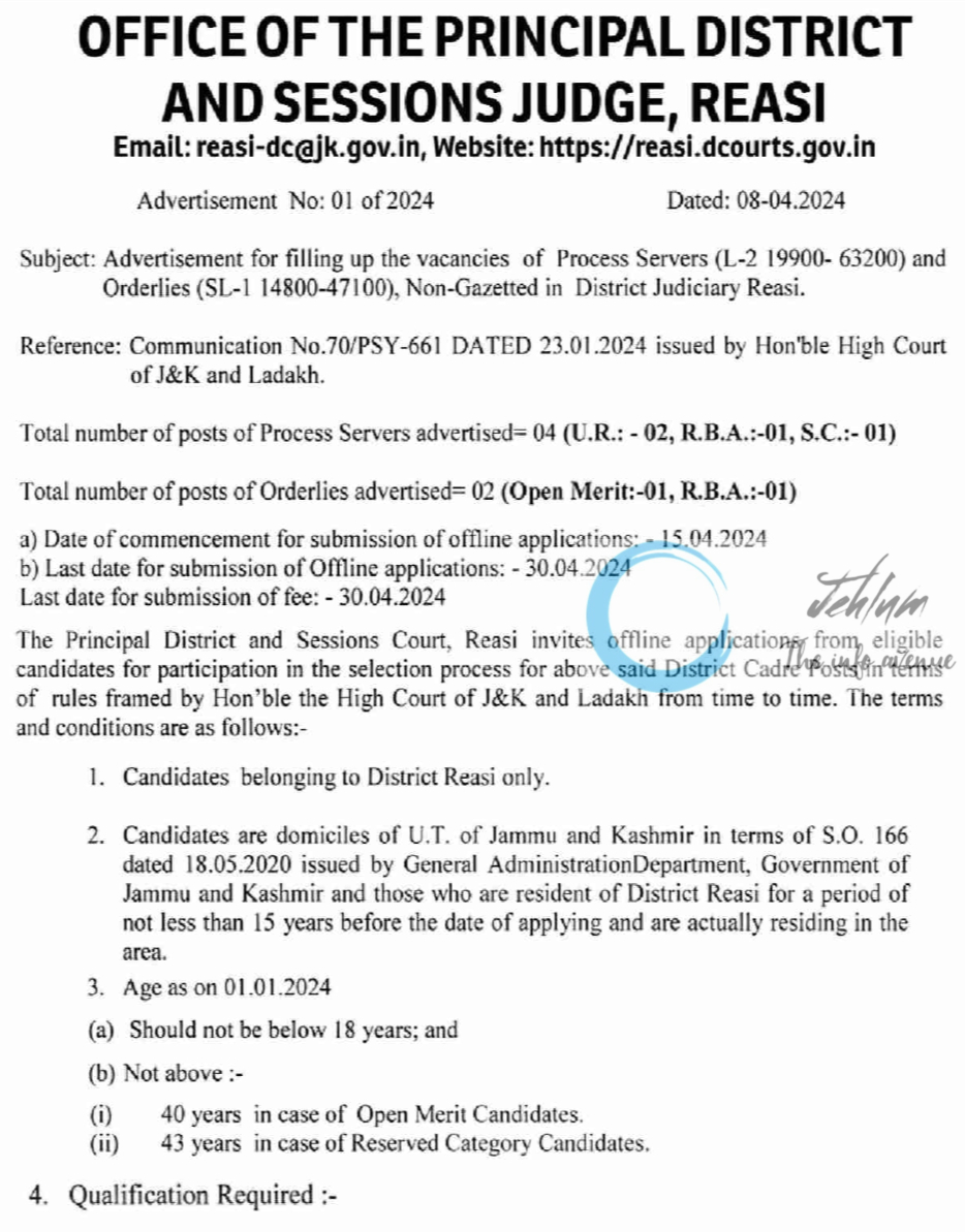 PRINCIPAL DISTRICT AND SESSIONS JUDGE REASI JOBS ADVERTISEMENT NO 01 OF 2024