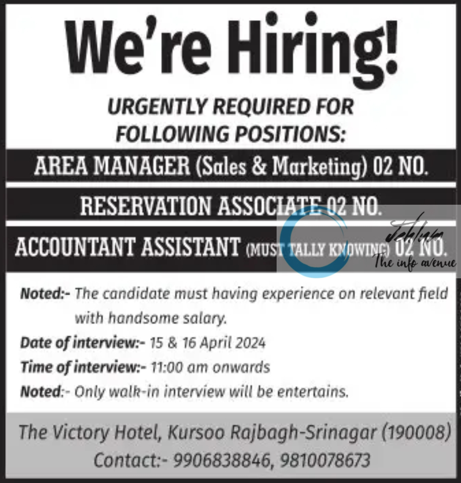 The Victory Hotel Srinagar Jobs Vacancy 2024