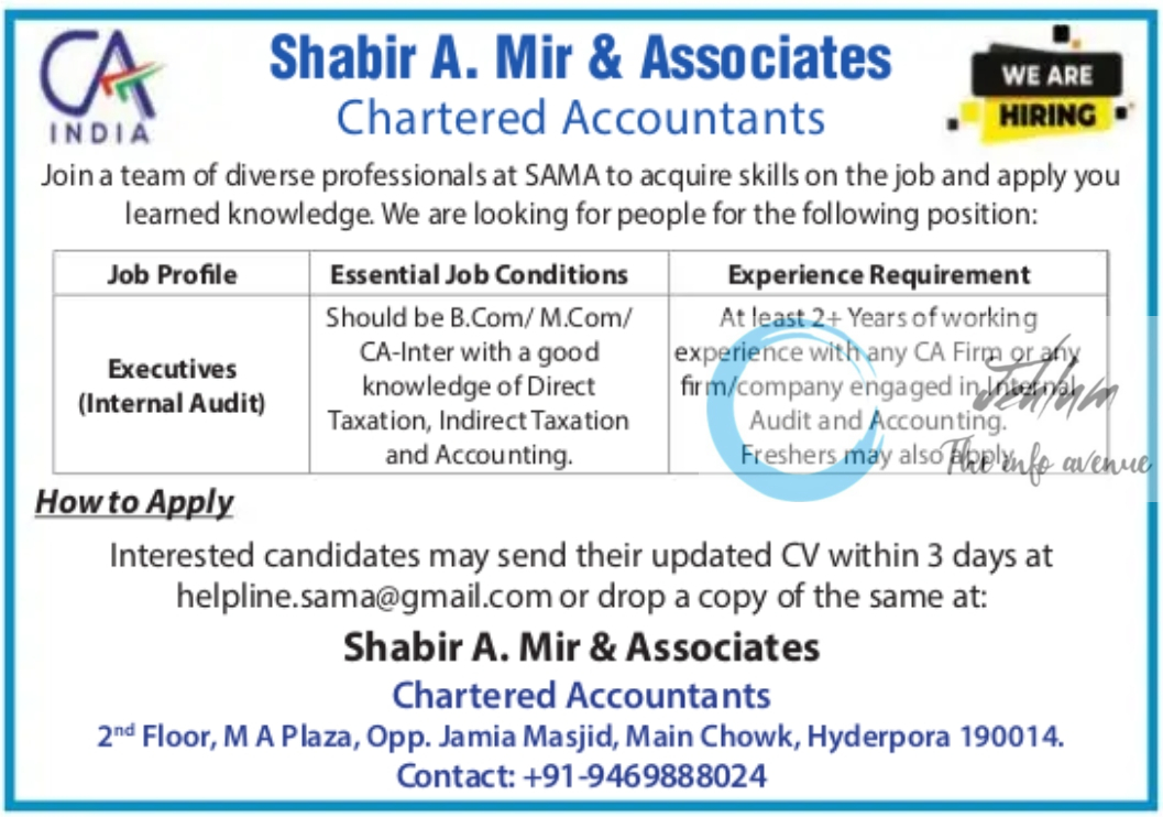 Shabir A Mir & Associates Chartered Accountants Srinagar Jobs 2024