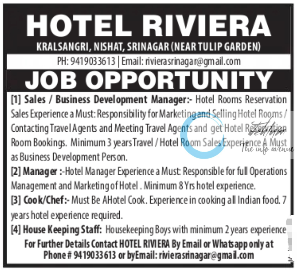 HOTEL RIVIERA SRINAGAR JOBS OPENINGS 2024