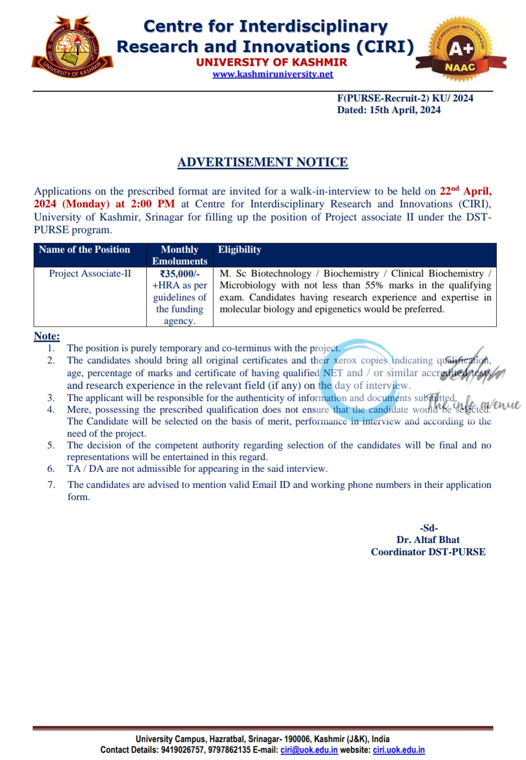 UNIVERSITY OF KASHMIR CENTRE FOR INTERDISCIPLINARY RESEARCH AND INNOVATIONS CIRI ADVERTISEMENT NOTICE 2024