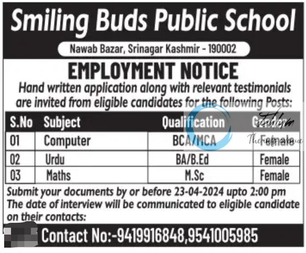 Smiling Buds Public School Srinagar Jobs Vacancy 2024