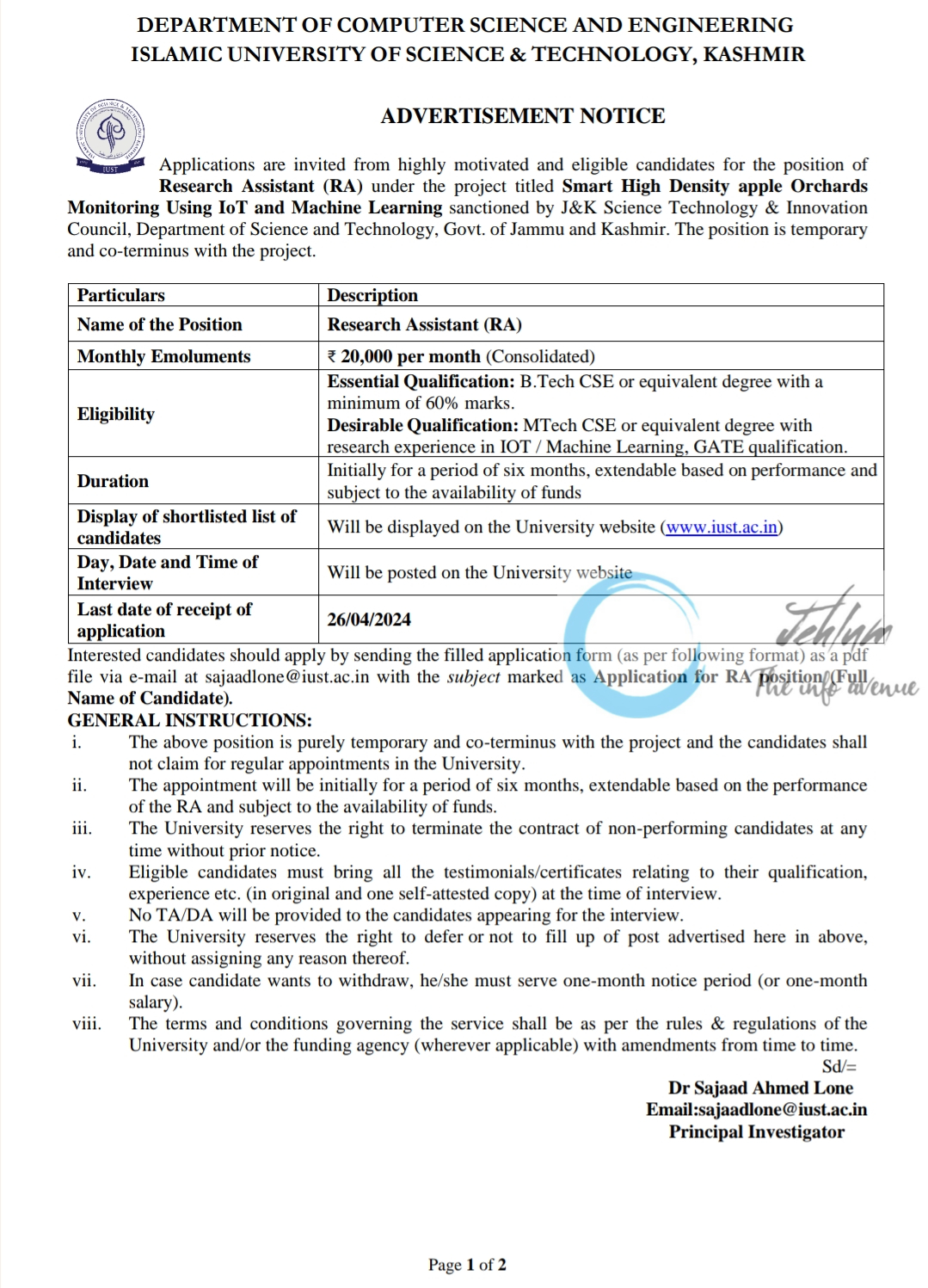 IUST KASHMIR DEPTT OF COMPUTER SCIENCE AND ENGINEERING RESEARCH ASSISTANT ADVERTISEMENT NOTICE 2024