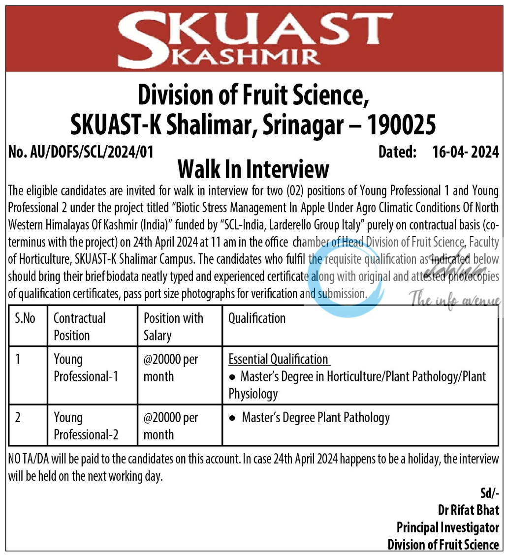 SKUAST KASHMIR DIVISION OF FRUIT SCIENCE FACULTY OF HORTICULTURE WALK IN INTERVIEW NOTIFICATION 2024