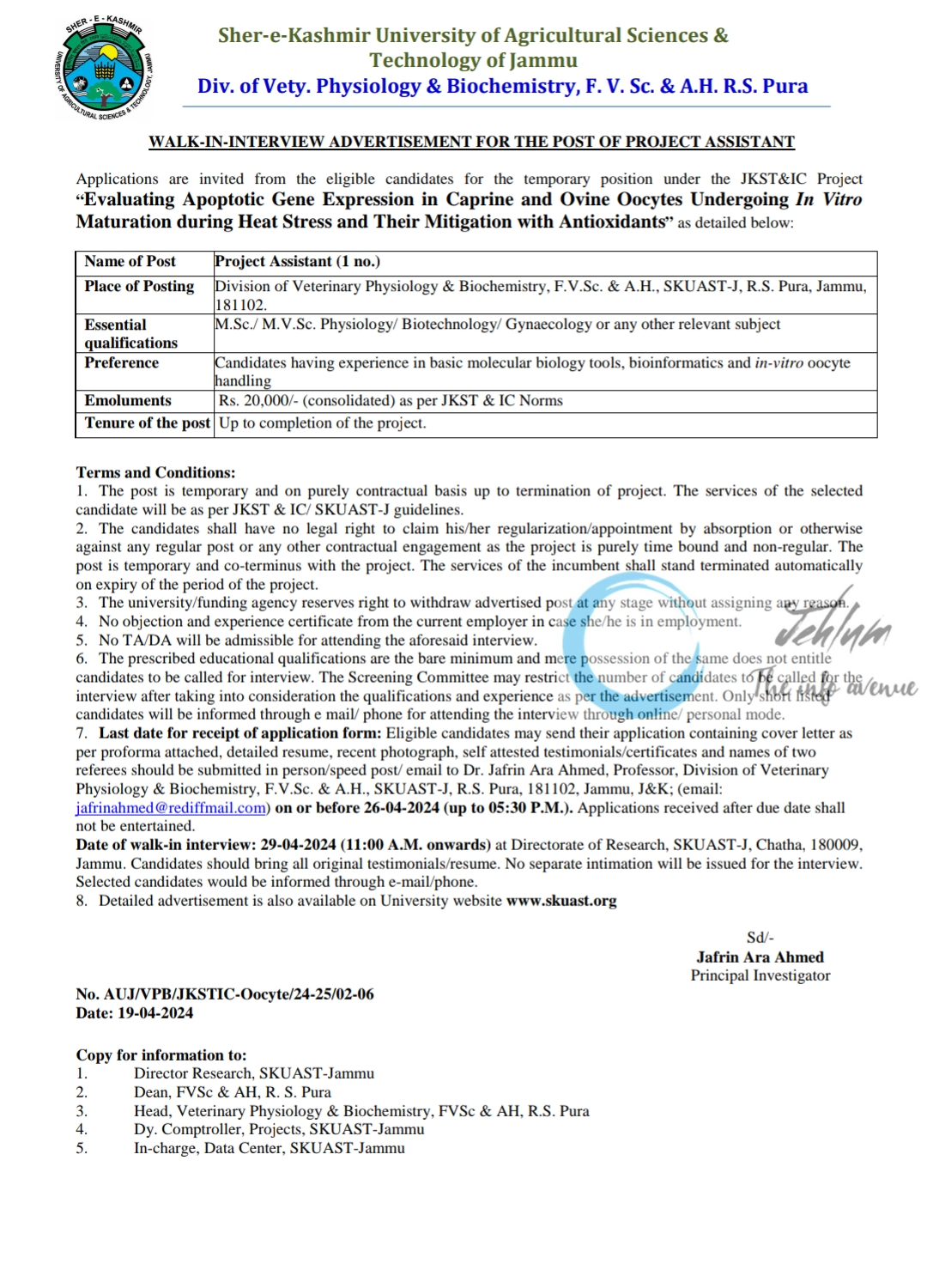 SKUAST-Jammu Div of Vety Physiology & Biochemistry Walk-in-interview Advertisement Notice 2024 