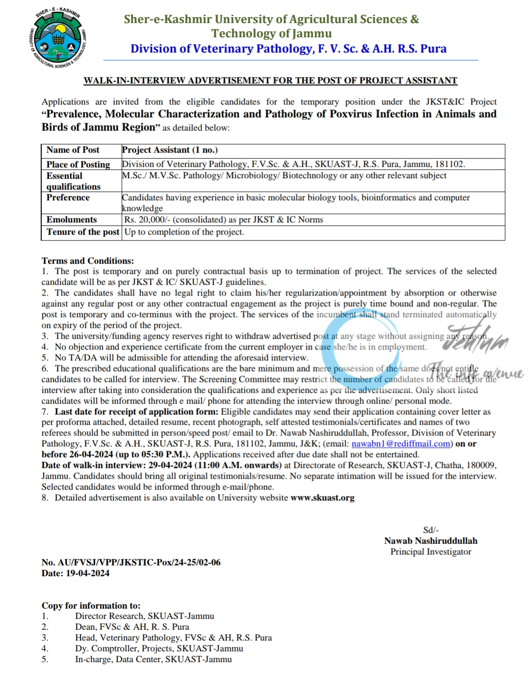 SKUAST-Jammu Division of Veterinary Pathology Walk-in-interview Advertisement 2024