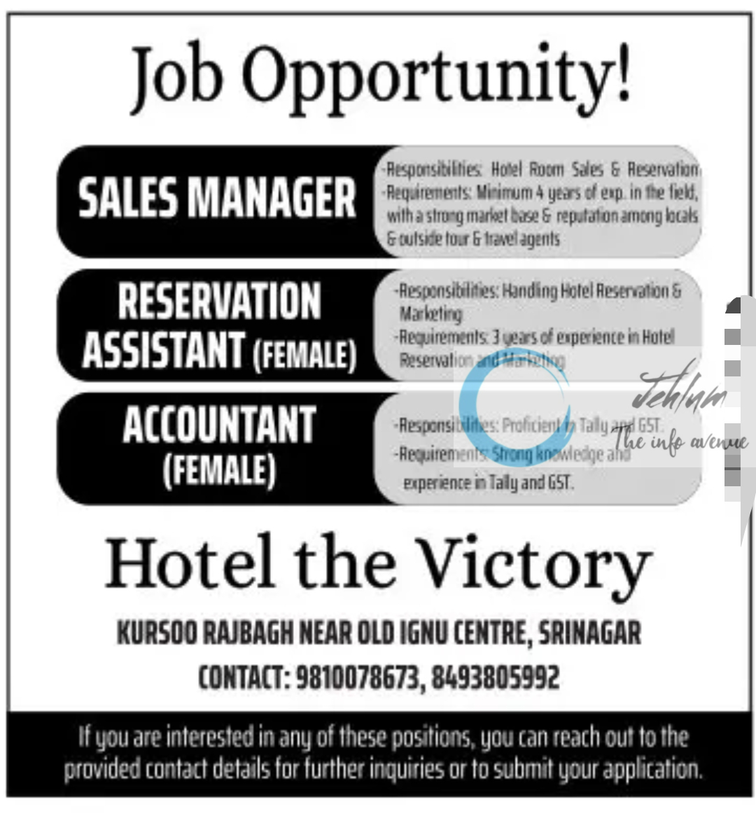 Hotel The Victory Srinagar Jobs Vacancy 2024