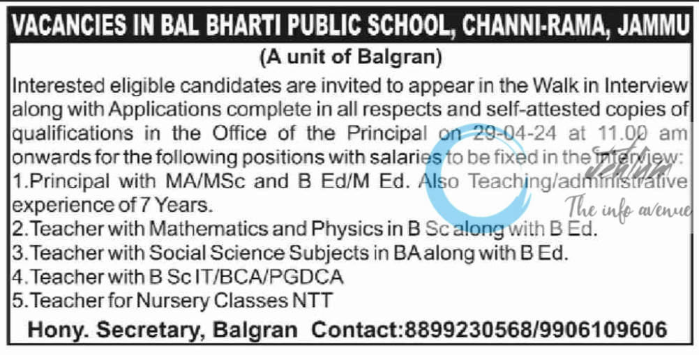 BAL BHARTI PUBLIC SCHOOL JAMMU JOBS VACANCIES 2024