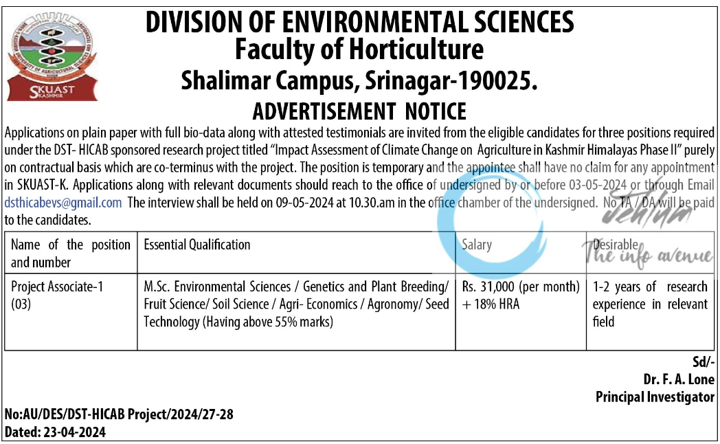 SKUAST Kashmir Faculty of Horticulture Division Of Environmental Sciences Advertisement Notice 2024