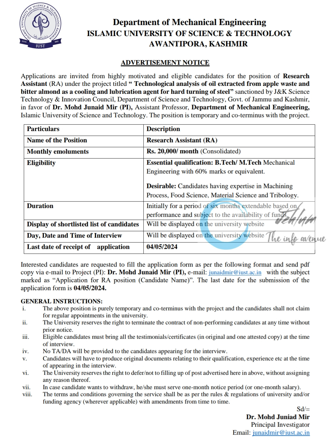 IUST Kashmir Deptt of Mechanical Engineering Advertisement Notice 2024