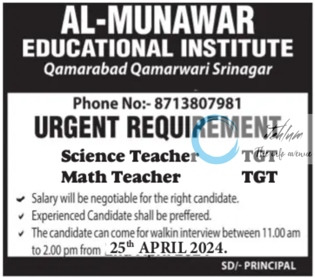 AL-MUNAWAR EDUCATIONAL INSTITUTE SRINAGAR JOBS 2024