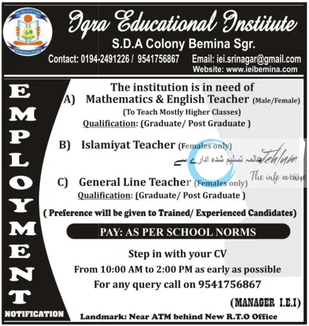 Iqra Educational Institute Srinagar Jobs 2024