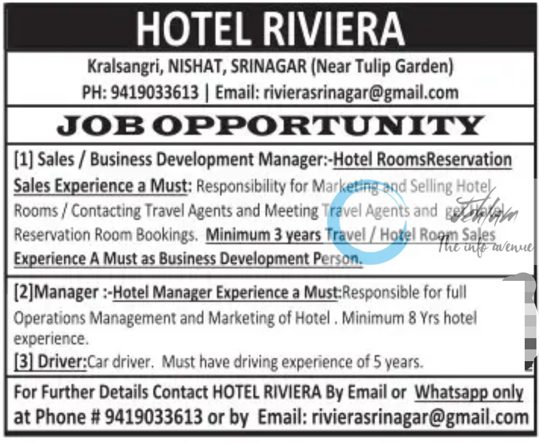 HOTEL RIVIERA SRINAGAR JOBS OPPORTUNITY 2024
