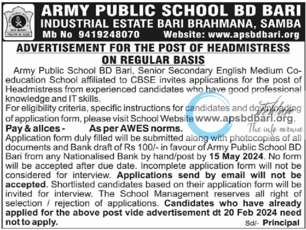 ARMY PUBLIC SCHOOL BD BARI JAMMU JOBS ADVERTISEMENT 2024