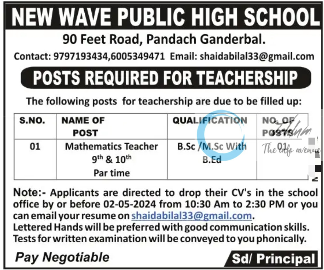 NEW WAVE PUBLIC HIGH SCHOOL GANDERBAL JOBS 2024