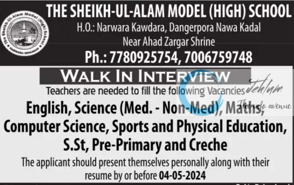 SHEIKH-UL-ALAM MODEL SCHOOL SRINAGAR JOBS 2024