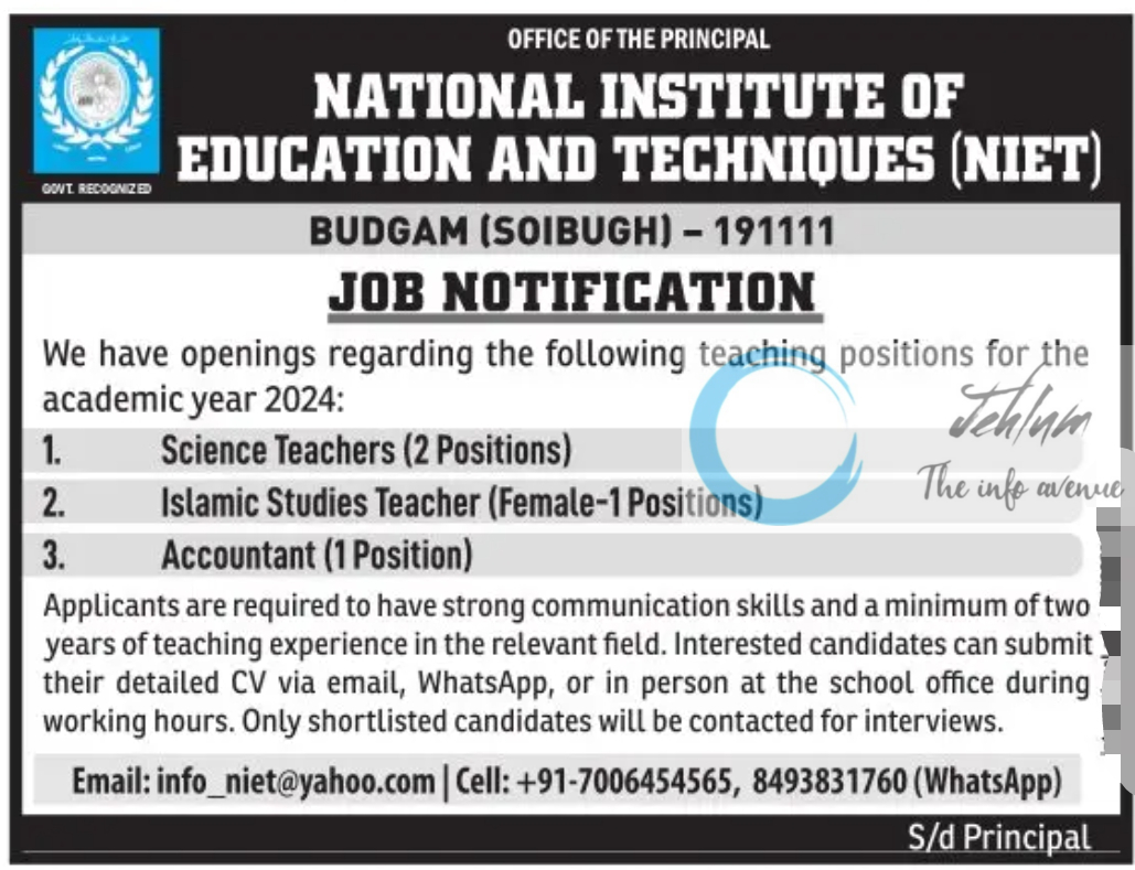 NIET BUDGAM JOBS NOTIFICATION 2024