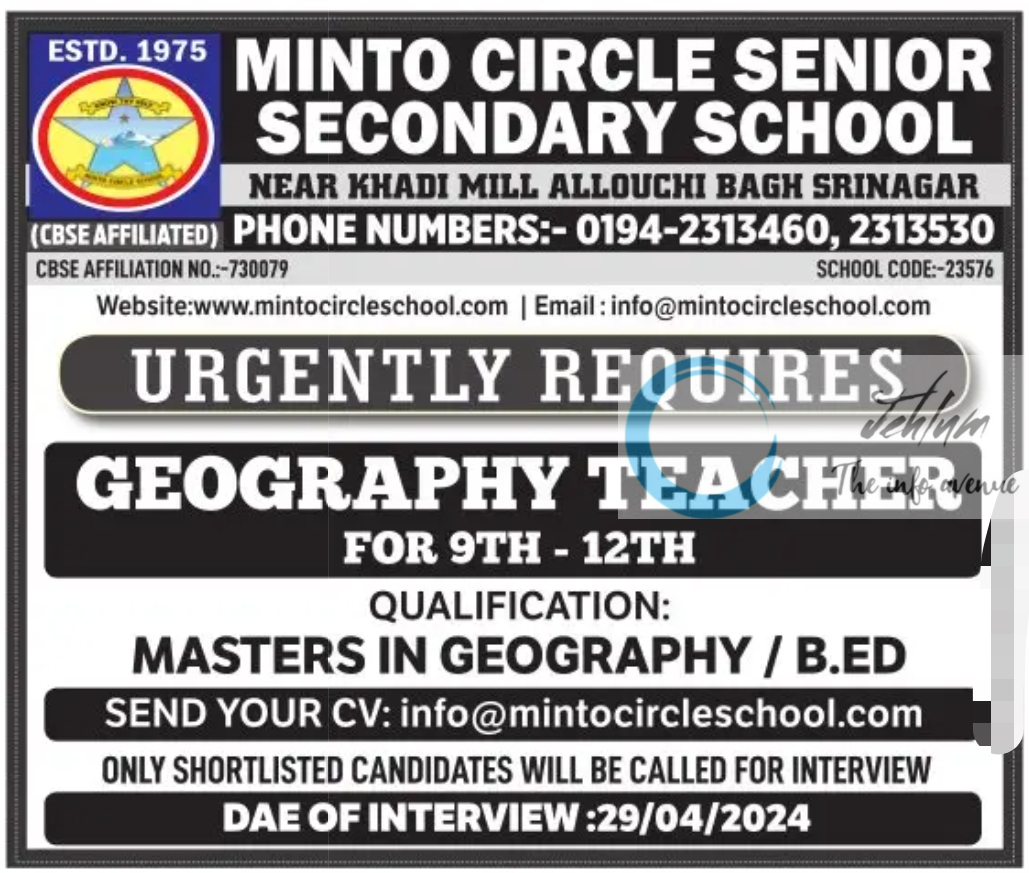 MINTO CIRCLE SENIOR SEC SCHOOL SRINAGAR JOBS 2024