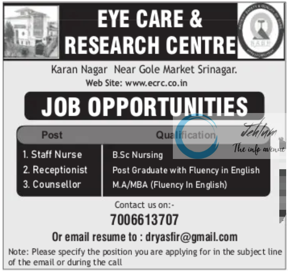 EYE CARE AND RESEARCH CENTRE SRINAGAR JOBS 2024