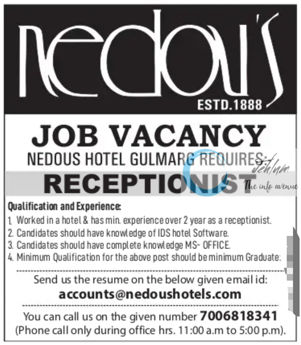 NEDOUS HOTEL GULMARG JOBS VACANCY 2024